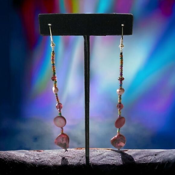 Metallic Shell Graduated Dangle Earrings‎ Glass Beads Handmade Coastal Beach 90s - Picture 15 of 16